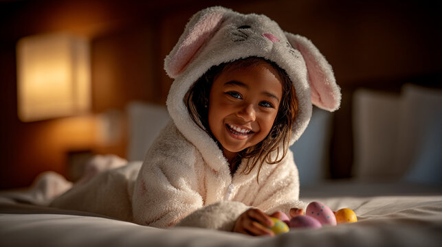 Cute young girl in white bunny ear hoodie playing with easter eggs on bed, celebration