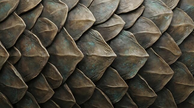 Macro close-up of metallic bronze scales featuring weathered exoskeleton designs for an ancient dragon armor or fantasy creature skin texture background