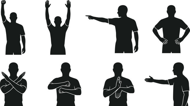 Sports Referee Hand Signal Silhouette Collection Vector Set with Official Gestures, Match Officiating, Decision Signs, Communication, and Game Control Poses
