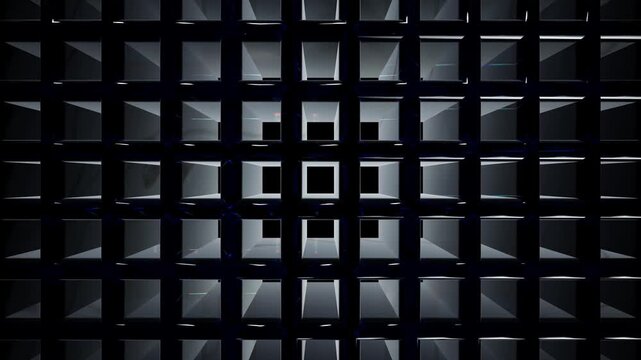 Abstract dark geometric pattern with shiny glass cubes and neon light reflections creating a futuristic perspective background for modern digital design