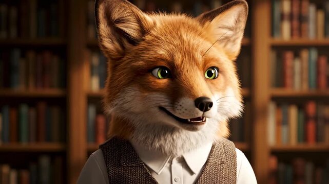 Anthropomorphic fox in formal attire Close up, gentleman fox wearing glasses