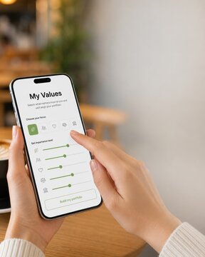 Woman setting values and importance level sliders on smartphone using ESG values based investment app