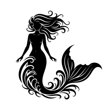 Detailed Black Elegant Mermaid Silhouette Graphic Art
