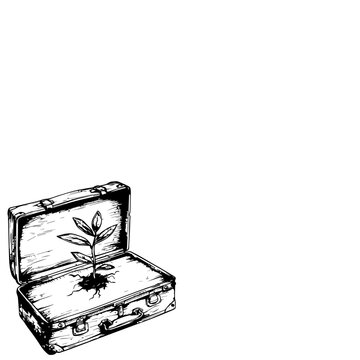 Stark black and white illustration of a plant with visible roots growing from an open suitcase