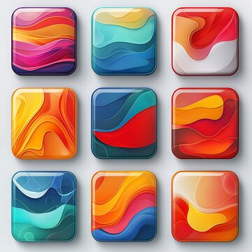 Abstract Shapes in a Grid: A vibrant collection of nine square icons, each featuring a unique, flowing abstract design with a smooth, glossy finish, arranged in a neat 3x3 grid.