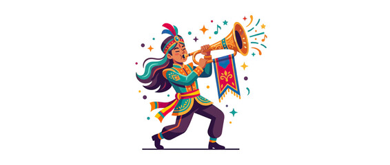 Fototapeta premium Person playing brass instrument with festive attire and banners
