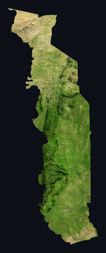 Togo Shaded Relief Map. Hillshaded physical terrain map illustration. Togolese Republic elevation, topography, and landforms.