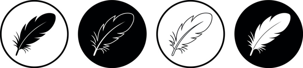 Set of feather icons on black and white circular backgrounds for elegant design elements. Vector Illustration © Shapla
