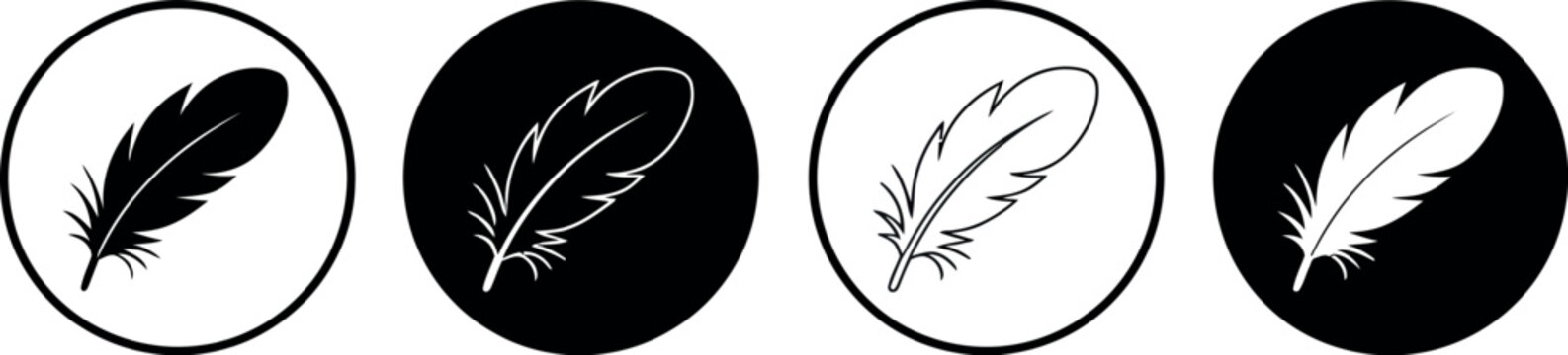 Set of feather icons on black and white circular backgrounds for elegant design elements. Vector Illustration