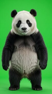 Front view of a cute panda standing on a green background, adorable and charming wildlife creature