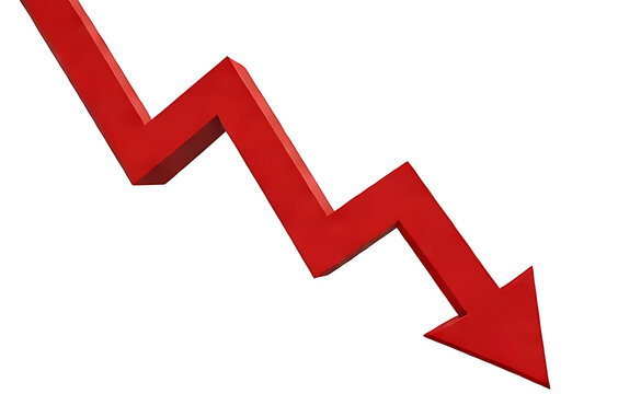 Red downward trend sculpture, isolated on pure white background