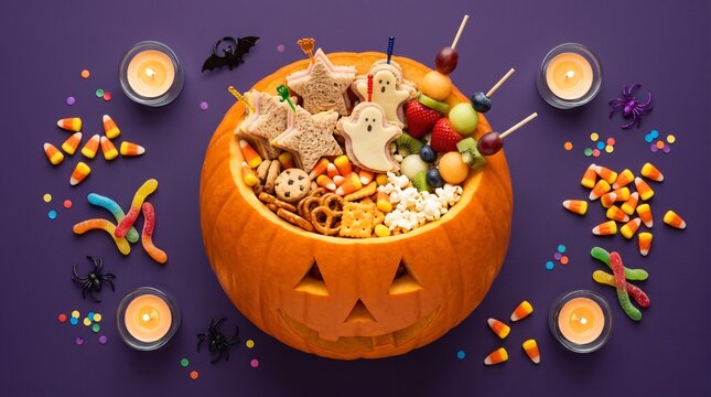 Carved pumpkin bowl filled with kids halloween snacks and candies on purple background