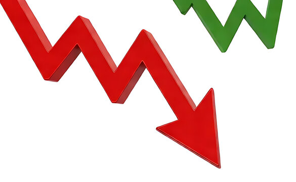 Falling red financial arrow isolated on pure white background