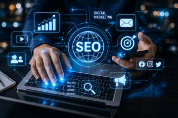 Fototapeta premium Hands typing laptop with glowing SEO digital marketing network and social media icons during night