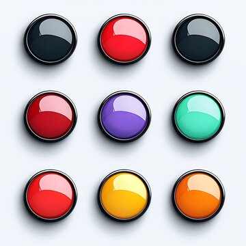 Nine Colorful Buttons in Grid: A vibrant grid of nine glossy buttons in various colors&mdash;black, red, purple, teal, yellow, and orange&mdash;arranged neatly on a neutral background.
