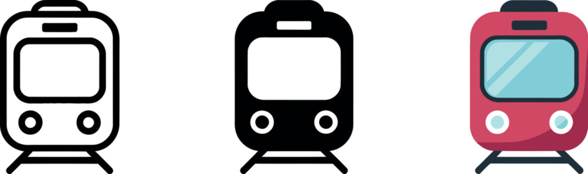 Train front view icons isolated on white black and red color options for transport illustration. Vector Illustration