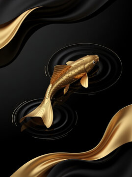 Golden auspicious koi fish on a black background.