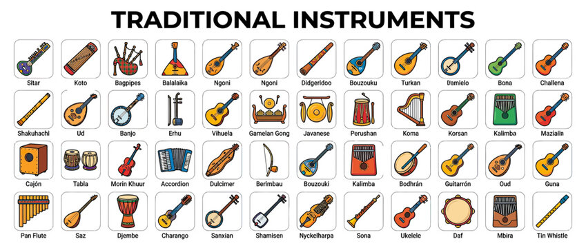 Collection of Diverse Traditional Musical Instruments Illustrated