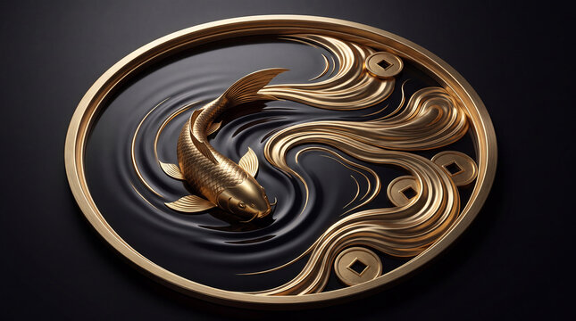 Golden auspicious koi fish on a black background.