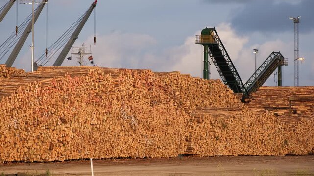 Massive stockpile of timber logs at Port of Portland's export terminal, with loading crane and conveyor machinery in regional Victoria, Australia. It is the biggest exporter of blue gum hardwood chips