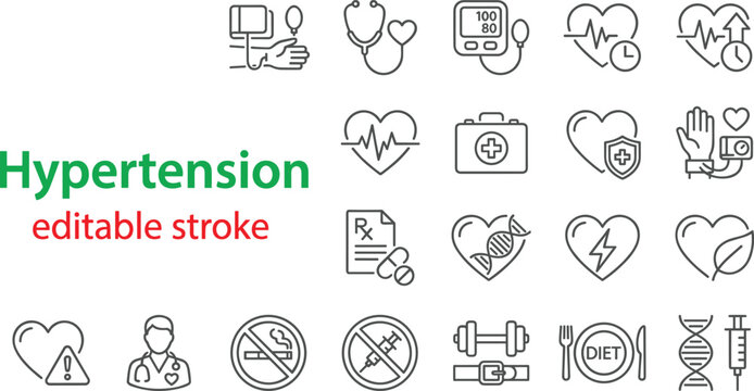 Hypertension high blood pressure medical line icon set with editable stroke for healthcare treatment vector illustration