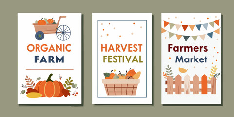 autumn harvest festival posters vector illustration organic farm farmers market pumpkins basket wagon © Shuvra Majumder