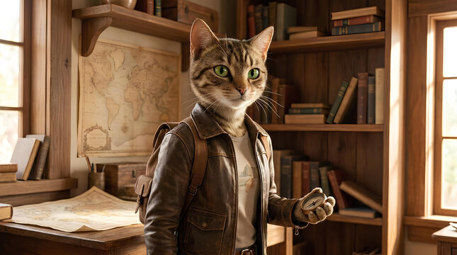 Cat explorer character in vintage library setting.