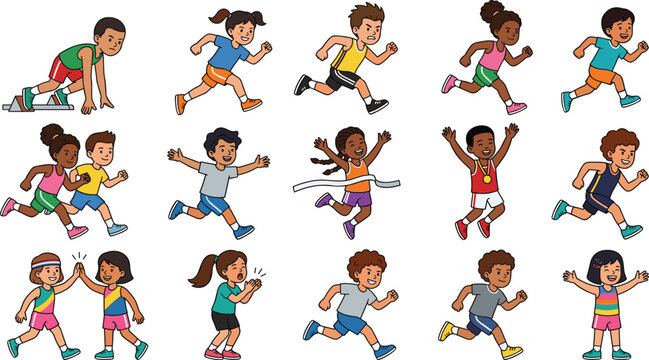 Diverse Cute Kids Running Track and Field Sports Character Set Crossing Finish Line Celebrating Winning and High Fiving Vector Illustration BundleDiverse Cute Kids Running Track and Field Sports Chara