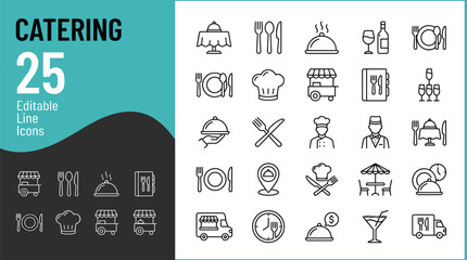 Catering and restaurant food service editable line icon set featuring chef waiter menu cutlery and banquet table vector illustration © MdAll