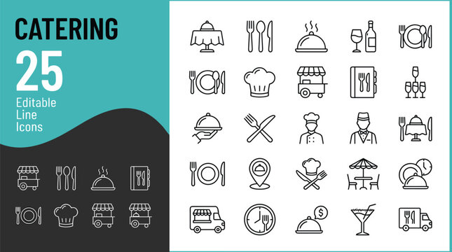 Catering and restaurant food service editable line icon set featuring chef waiter menu cutlery and banquet table vector illustration