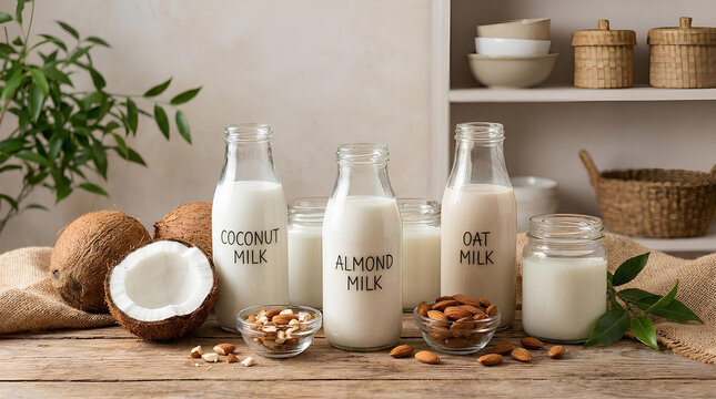 Bottles of coconut almond and oat milk on wood.