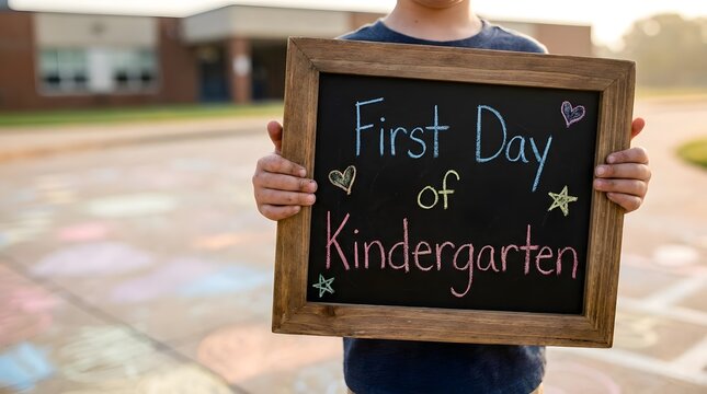 Hands holding first day of kindergarten chalkboard sign