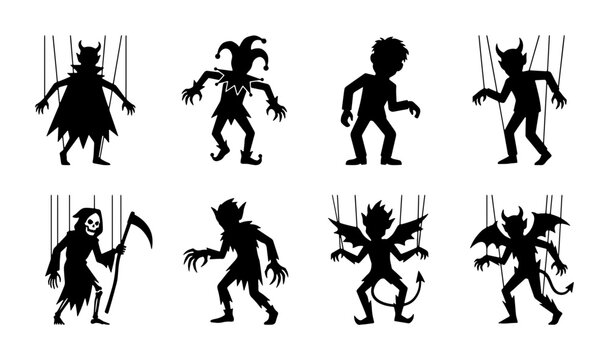 Dark Puppet Icons, Devil & Grim Reaper Silhouettes, Spooky Character Set, Vector Graphics