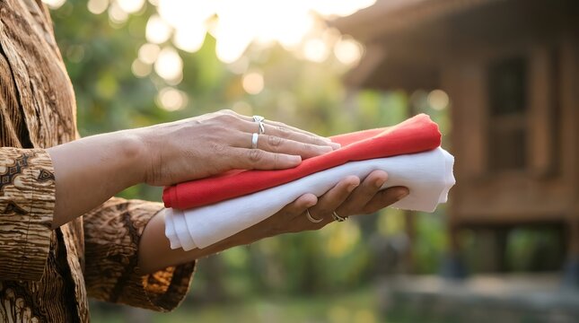 Hands holding folded red and white Indonesian cloth.
