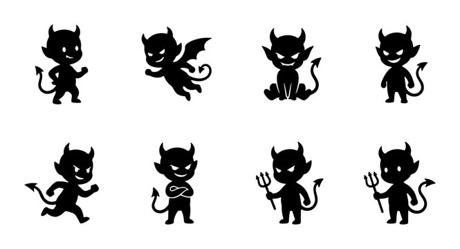 Cute Devil Icons, Cartoon Imp Silhouettes, Mischievous Demon Vector Set, Halloween Character Graphics