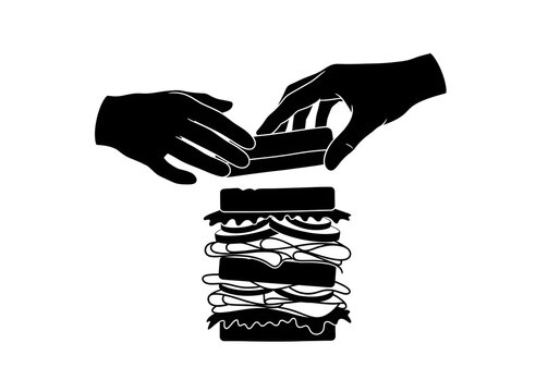 Hands assemble a tall multi-layered club sandwich by placing the final bread slice on top.