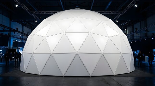 Large white geodesic dome structure for event exhibition in a warehouse