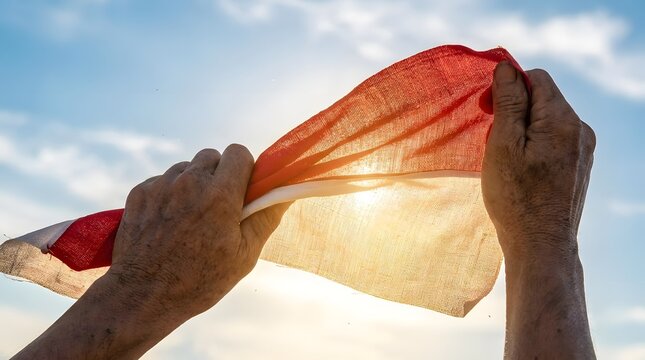 Hands holding Indonesian flag against bright sun.