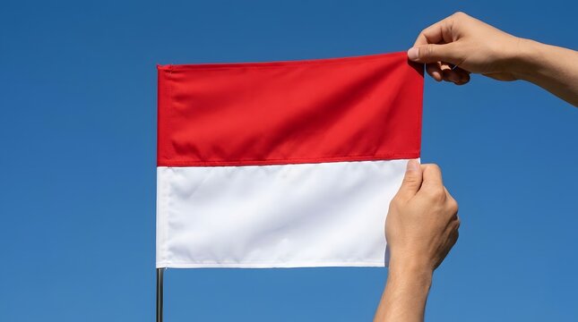 Hands holding Indonesian flag against clear blue sky.