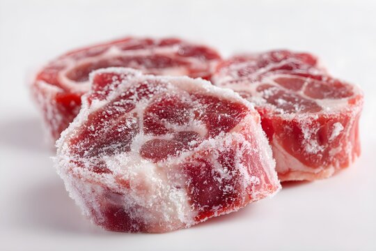 Frozen raw beef oxtail pieces covered in frost