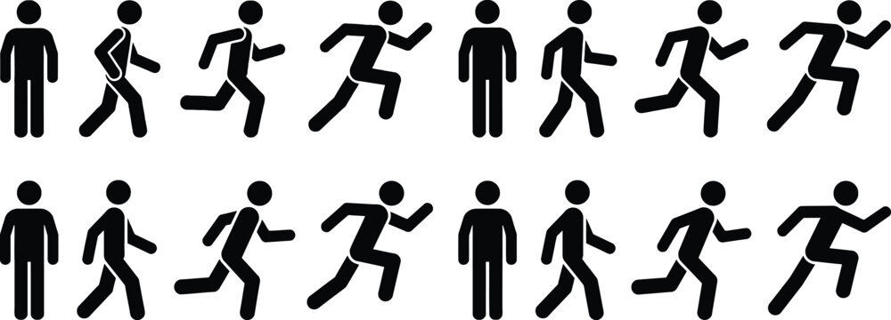 Set of black stick figure icons showing various stages of human movement from standing still to running fast motion