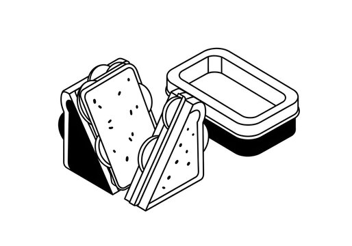 Sandwich halves are placed next to a rectangular plastic container on a clean white background in this minimalist line drawing.