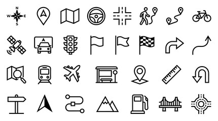 Fototapeta premium A diverse set of linear icons representing navigation, travel, and location services.