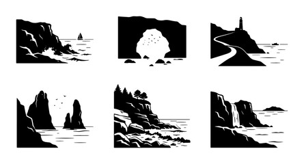 Obraz premium Coastal Landscape Silhouettes, Seaside Cliffs & Ocean Views, Nautical Scenery Icons