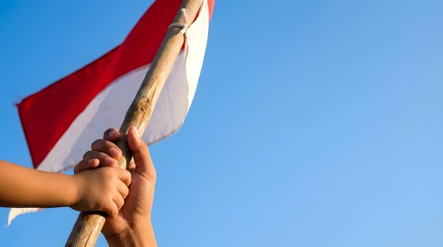 Hands holding Indonesian flag against clear blue sky.