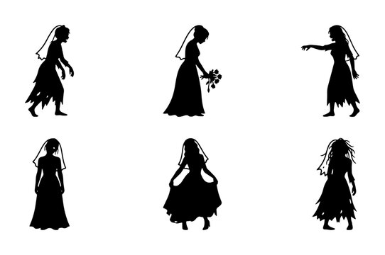 Gothic Bride Silhouettes, Spooky Wedding Figures, Eerie Bridal Vector Set, Halloween Party Elements