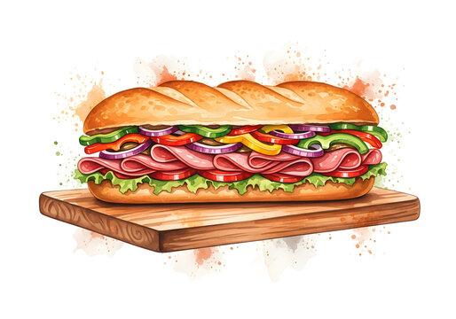 Submarine sandwich filled with fresh vegetables and cured meats rests on a wooden cutting board in a artistic watercolor illustration.