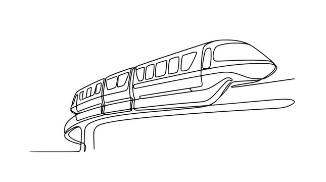 Modern Monorail Train on Elevated Track, Continuous Line Drawing