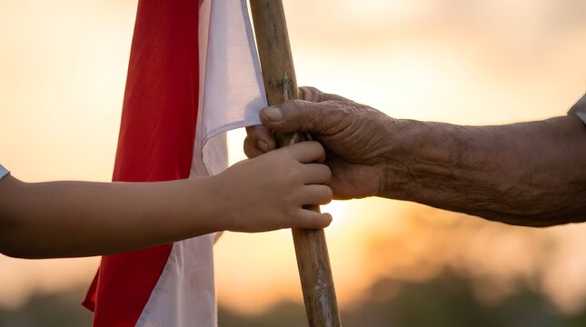 Hands holding Indonesian flag pole during sunset.