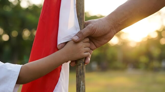 Hands holding Indonesian flagpole outdoors at sunset.